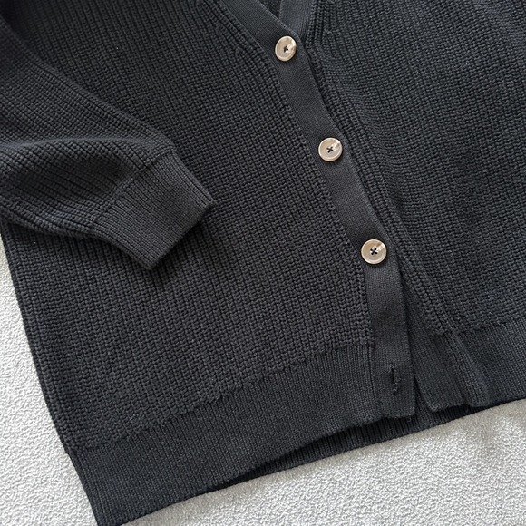 Quince Chunky Sweater Womens XL Black Rib Cotton Oversized Cardigan Button Front - Picture 6 of 10